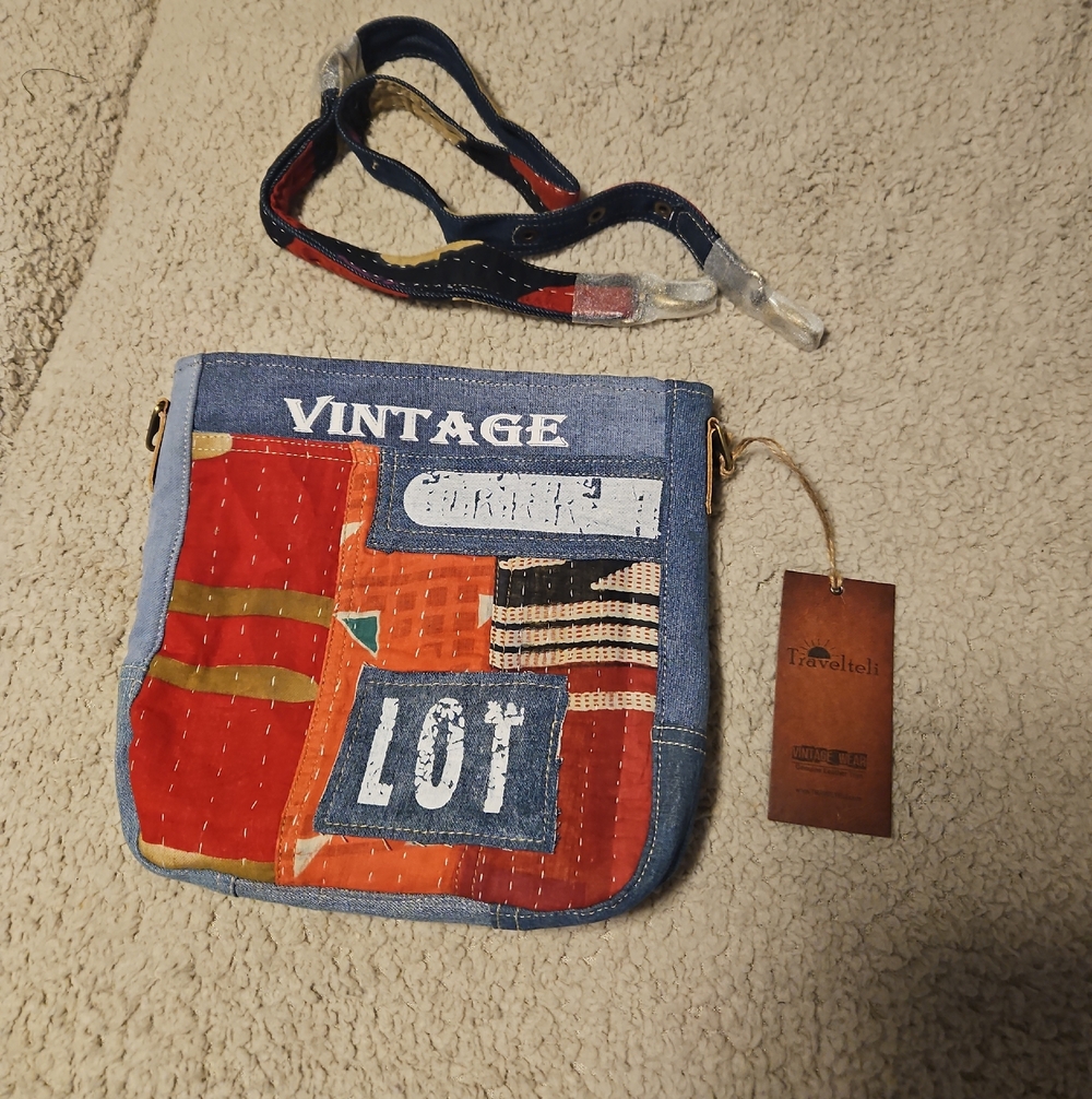 Vintage Patchwork Crossbody Bag - Red & Blue